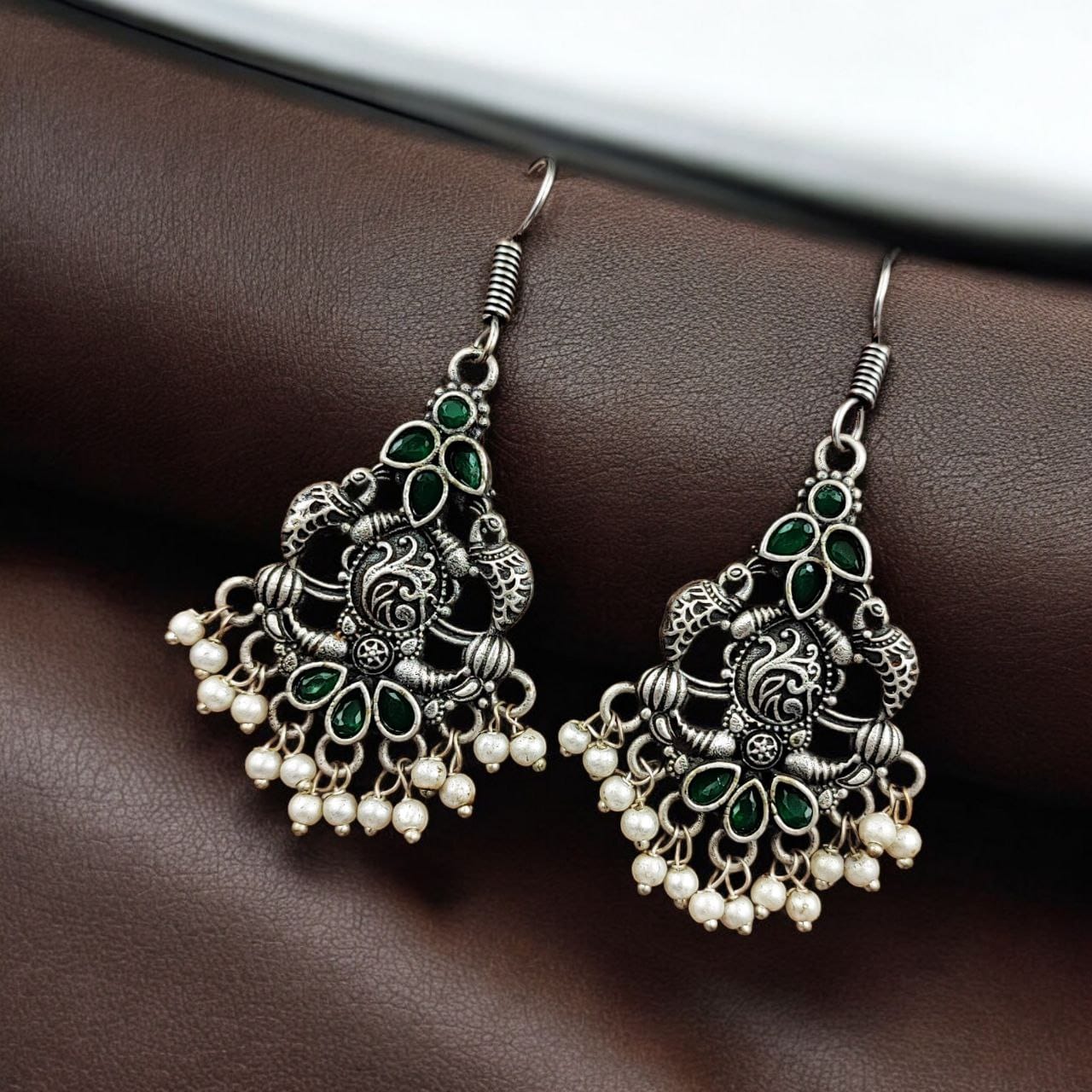 Brass Peacock Hanging Earrings with Stone Accents