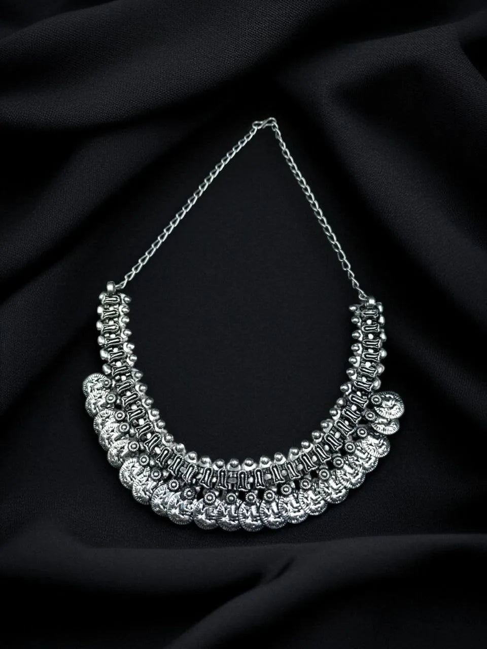 Silver Plated Oxidized Ganesha Coin Choker Necklace