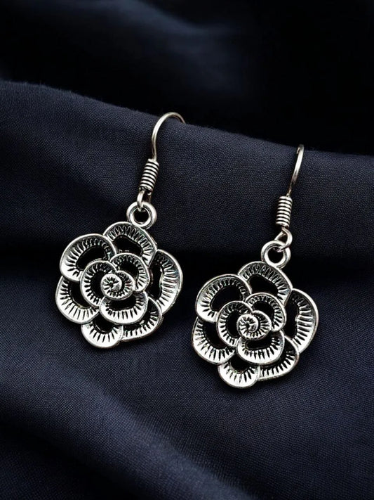 German Silver Flower Design Earrings | Unique Oxidized Hook Style Jewelry