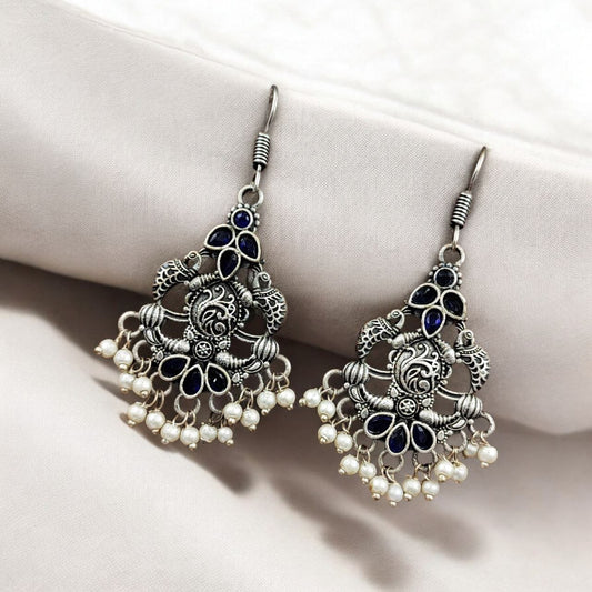 Brass Peacock Hanging Earrings with Stone Accents
