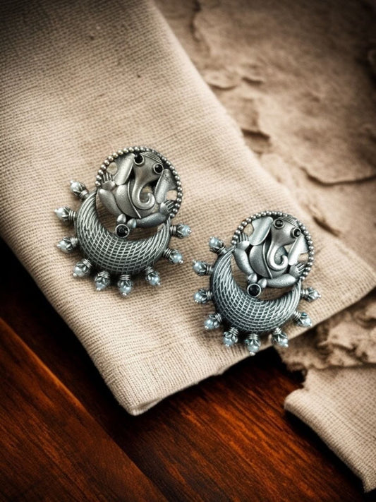 Oxidised Ganesha Stud Earrings | Unique Silver Replica Chandbali Style Jewellery
