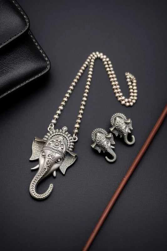Traditional Ganesha Necklace Set in Unique Oxidised Silver Lookalike