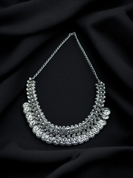 Silver Plated Oxidized Ganesha Coin Choker Necklace